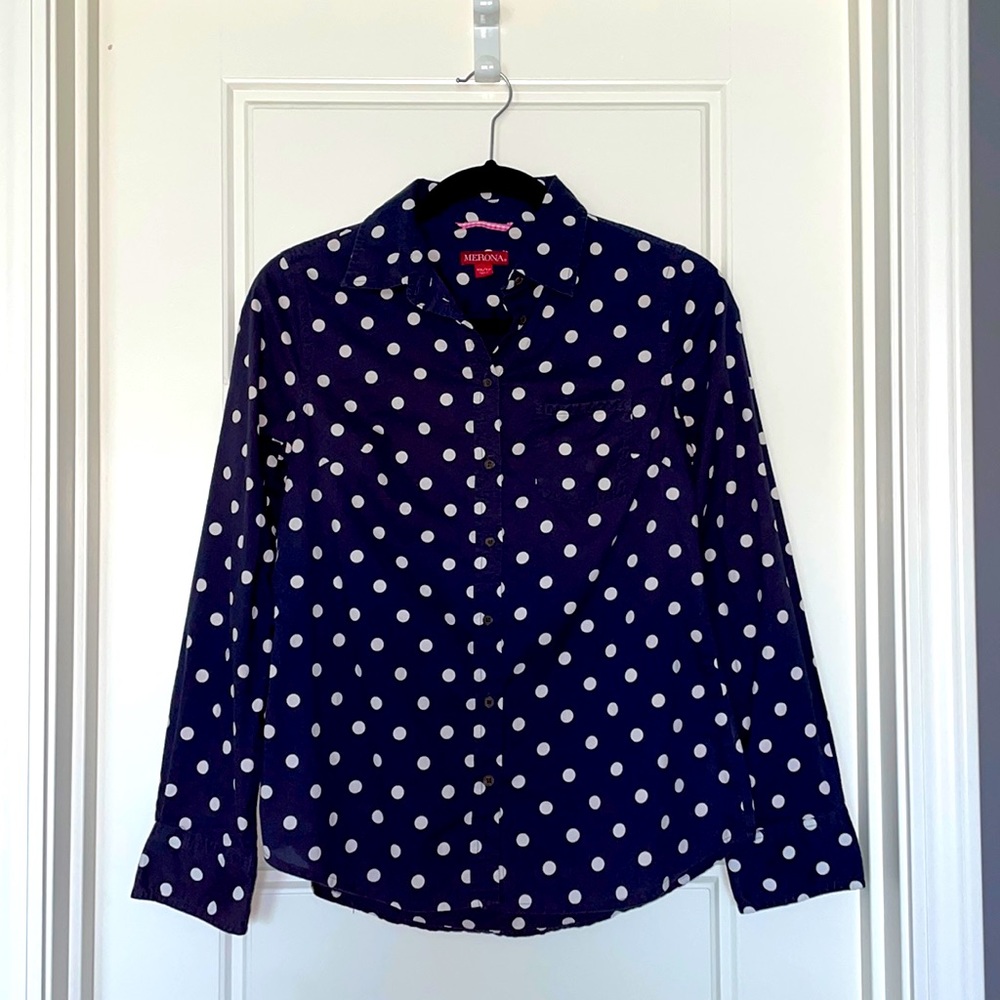 Navy blue polka dot button-up shirt
